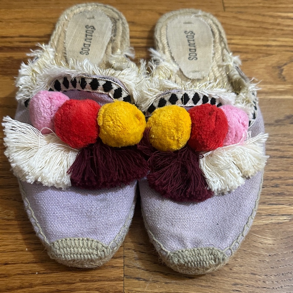 Soludos Frayed Edge Pom Pom Mules | Coco Espadrille Slides - Picture 3 of 6